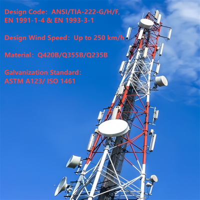 Torre tubolare in acciaio a 3 gambe per carichi pesanti con supporti per antenna FM integrati e sezioni Q345B ad alta resistenza per stazione base di trasmissione rurale standard ANSI